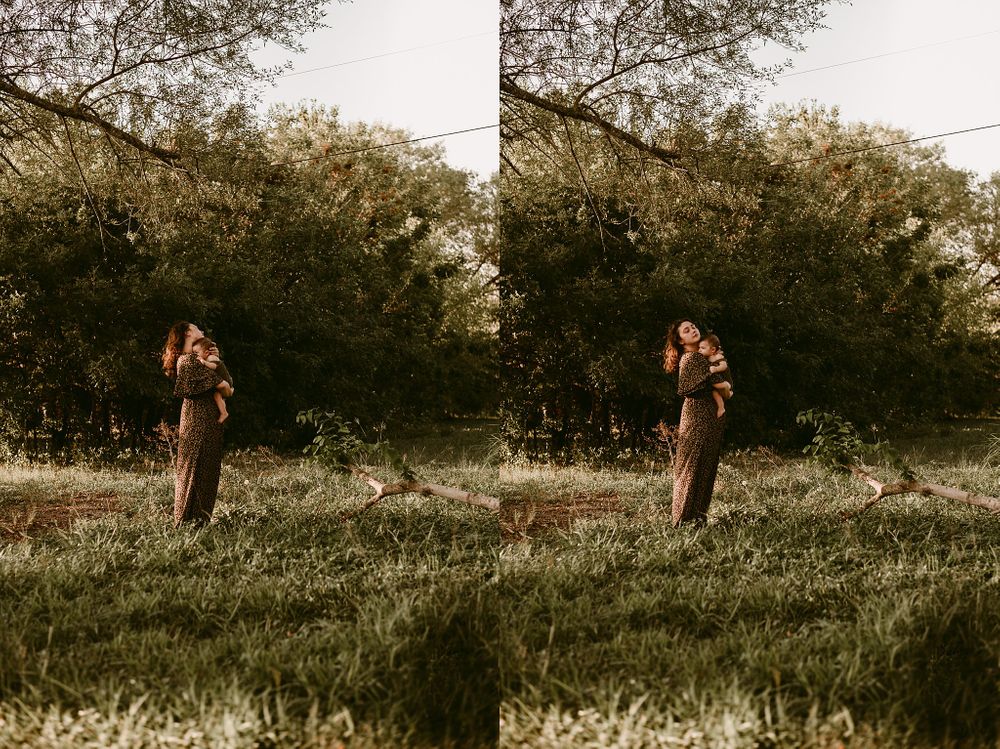 Two side-by-side shots of someone standing in a grassy field at sunset.