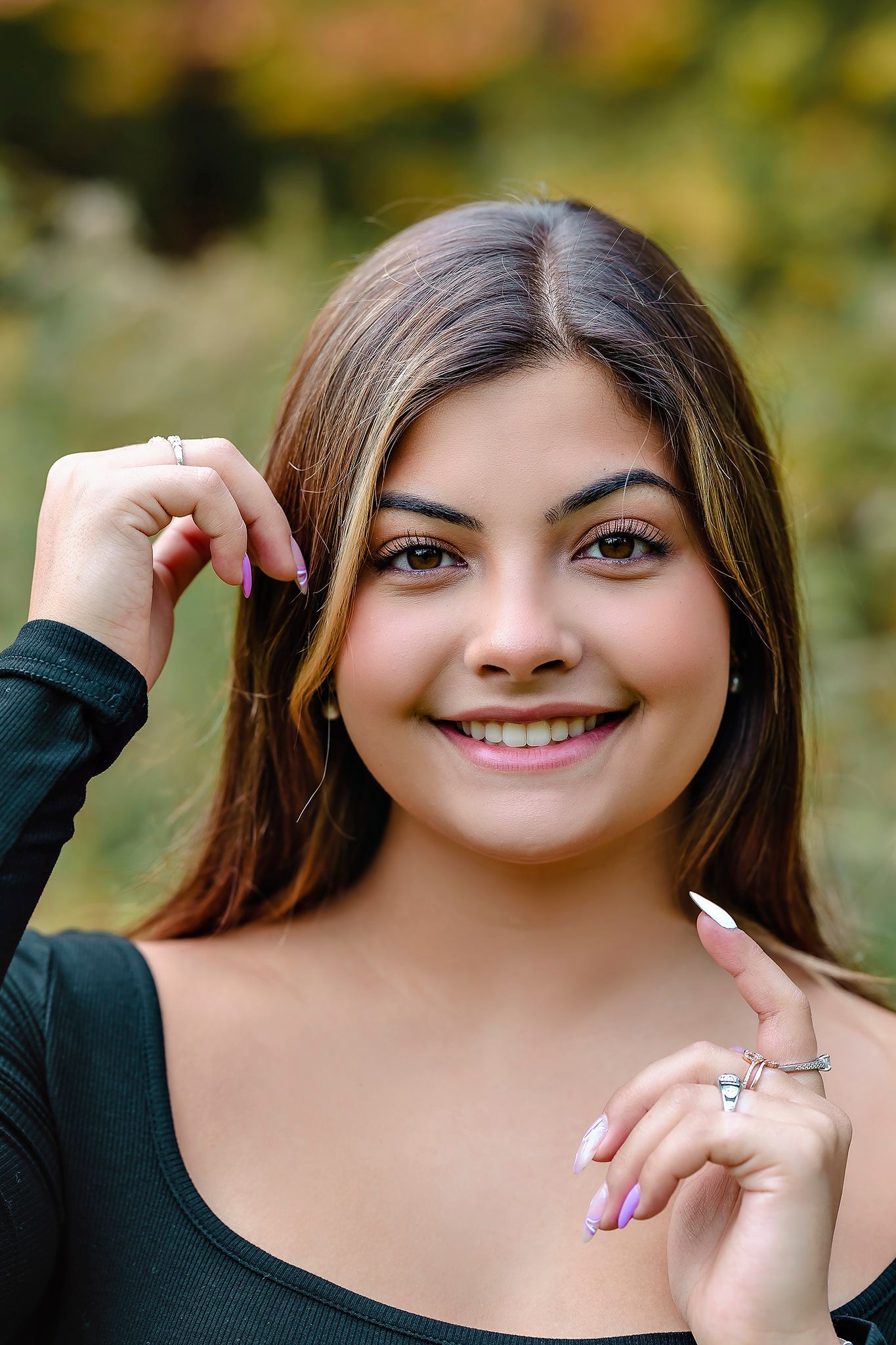 A collage shows similar headshots outdoors with playful expressions and poses against a blurred natural background.