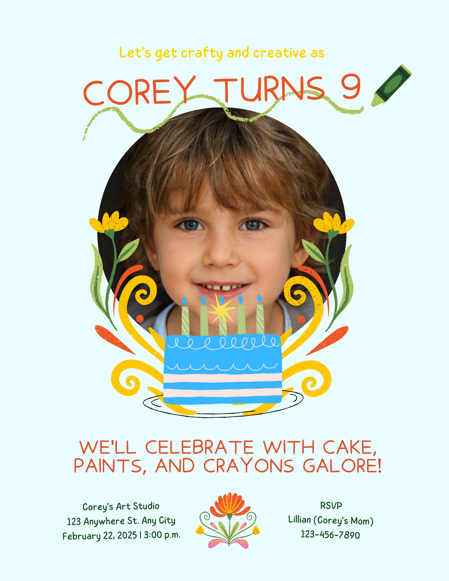 Colorful birthday party invitation with cake illustration and floral decorative elements.