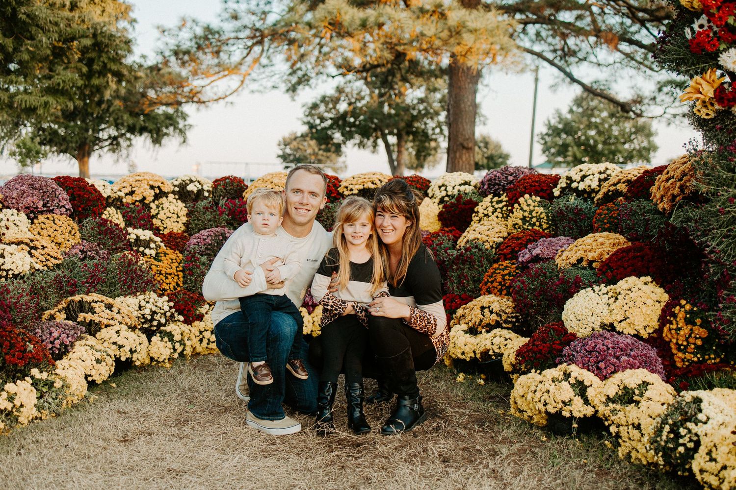 Happy family of four smiling together surrounded by vibrant fall chrysanthemums in red, yellow, and purple hues.