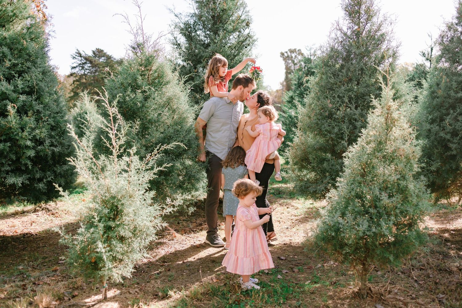 Large family with multiple young children gathered among rows of green Christmas trees at a tree farm.