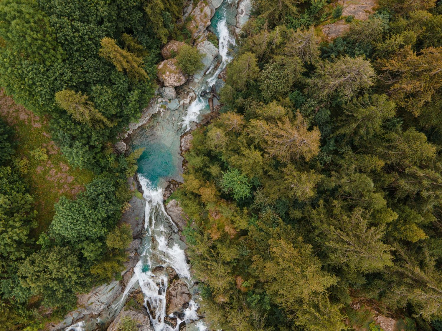 Aerial view of cascading waterfall flowing through lush green forest landscape.