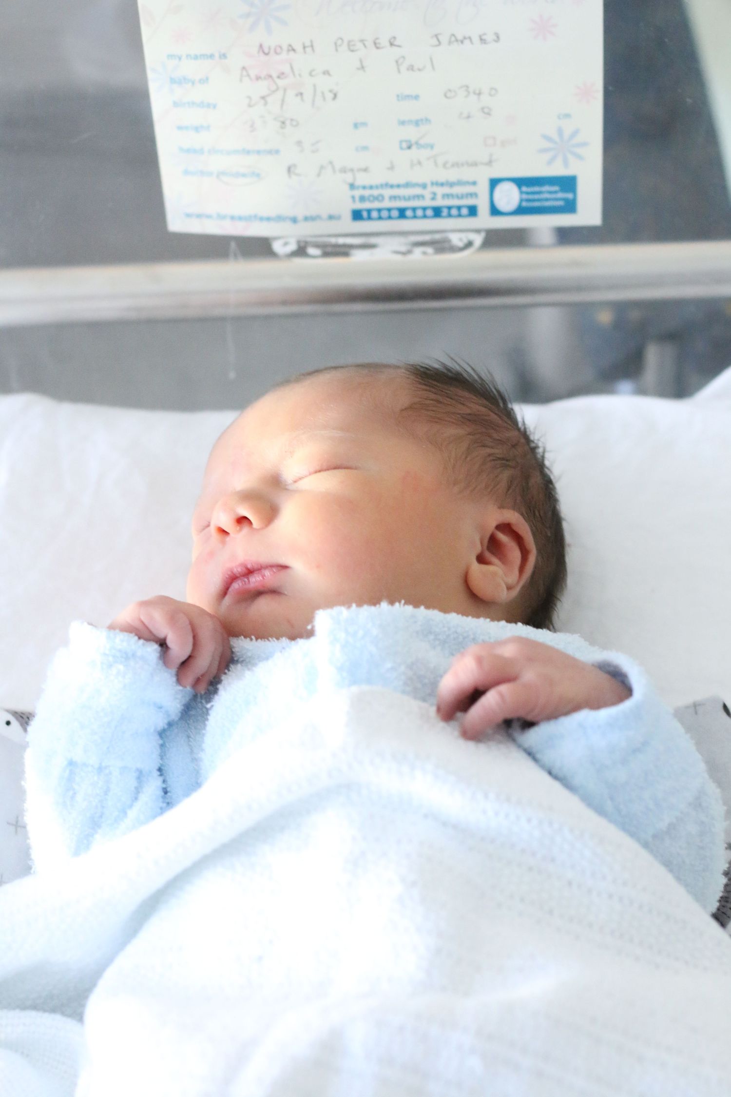 Newborn baby sleeping peacefully in hospital bassinet wrapped in soft blue blanket.