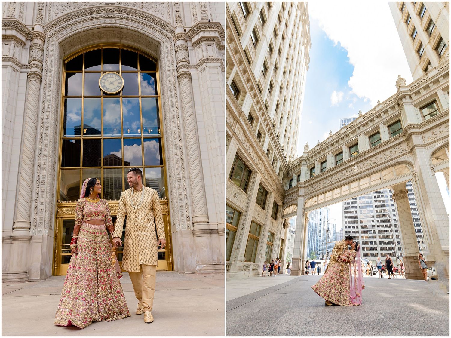 Elegant wedding portraits against classic Chicago architecture and urban buildings.