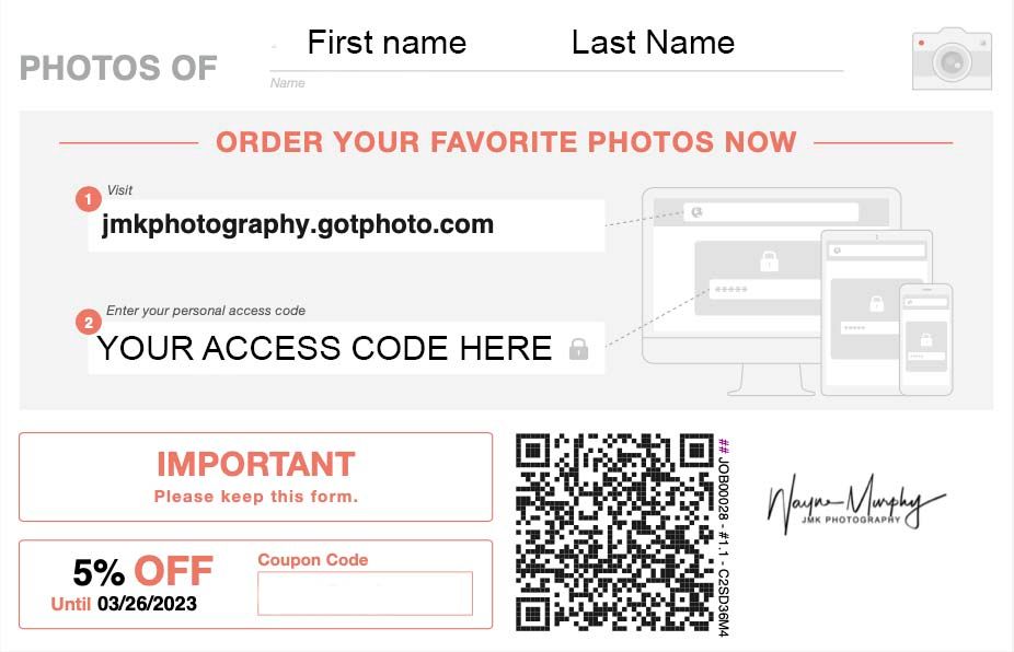 Photo order form template with QR code and contact information fields.