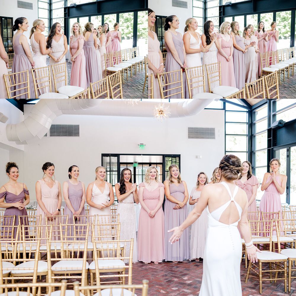 Bridesmaids in blush pink dresses watch the bride during a wedding ceremony reveal.