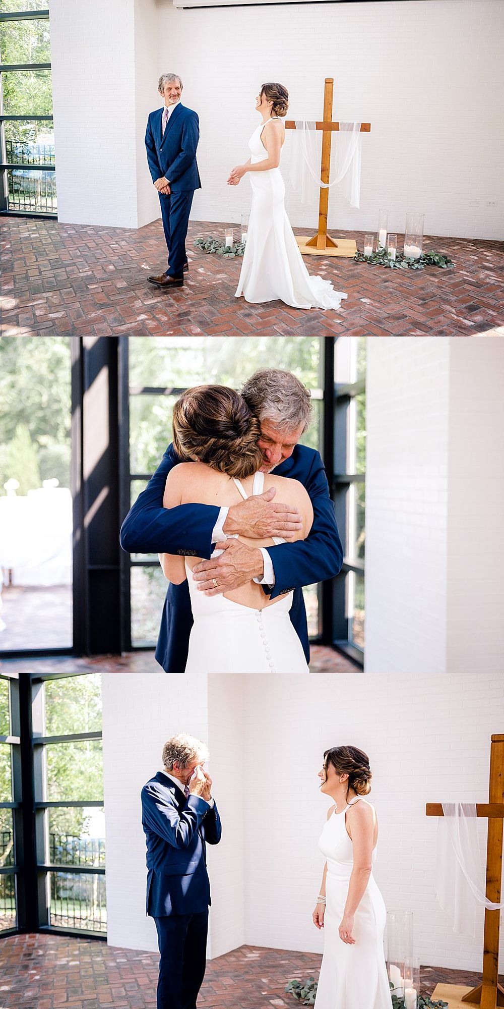 A touching wedding first look moment and embrace at a church with a wooden cross.