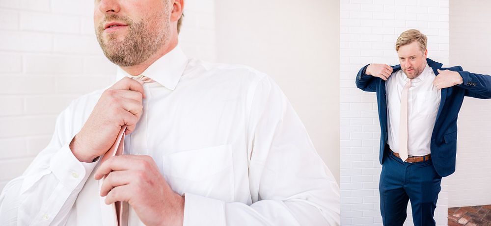 Two detail shots of wedding attire preparation with white shirt and navy suit jacket.