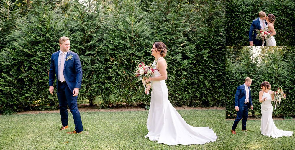 Wedding first look and couple portraits in a lush garden setting.