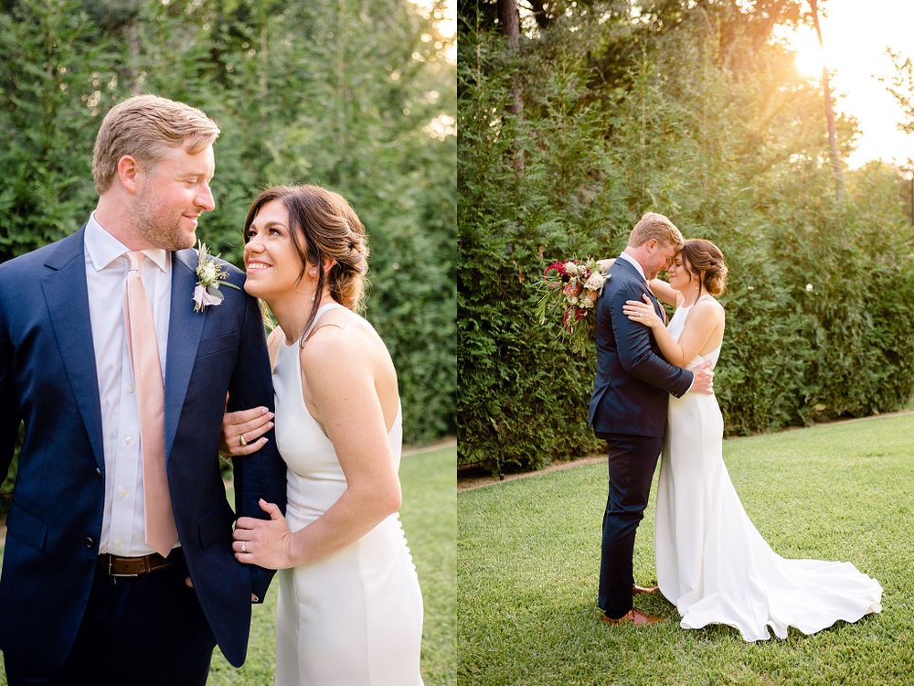 Two romantic sunset portraits of newlyweds embracing on grassy hillside.