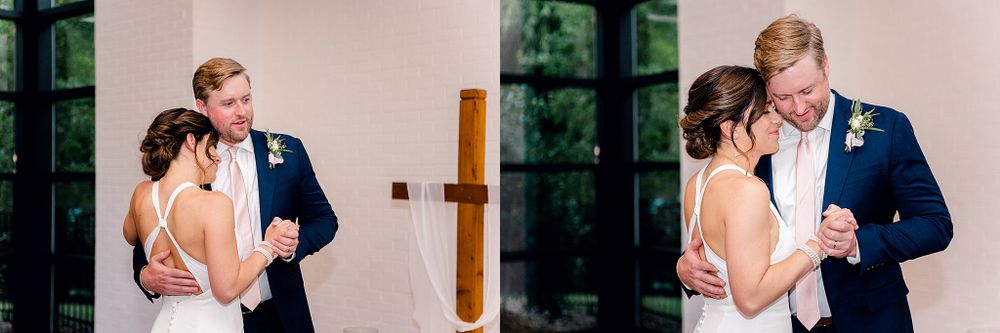 Couple shares intimate dance moment during wedding reception.