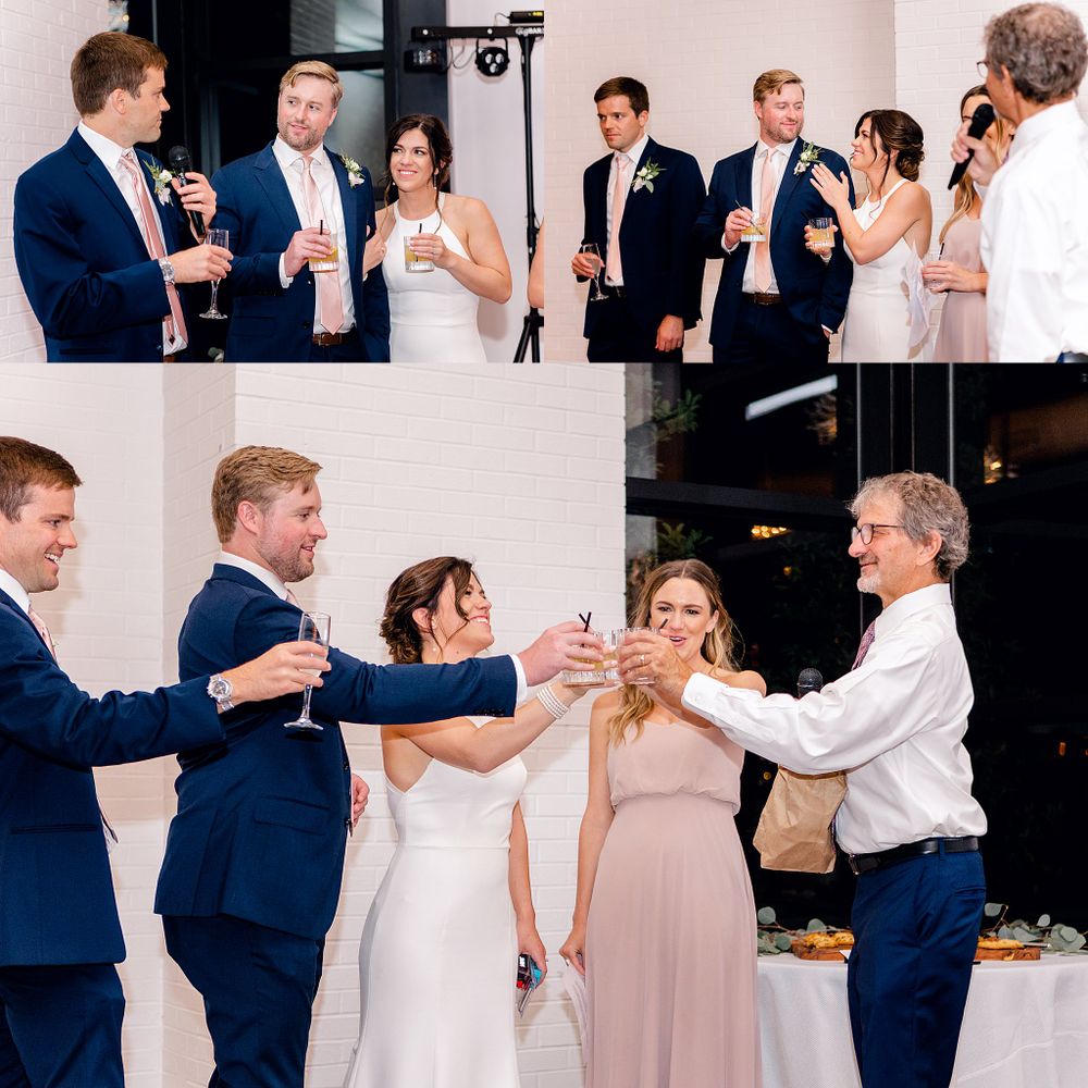 Wedding party toasts and celebrates during reception festivities.