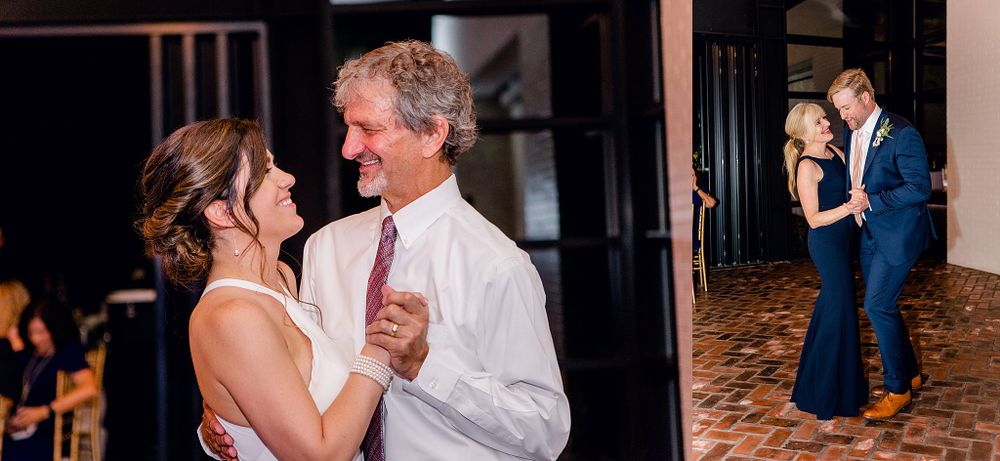 Couples dance during wedding reception in elegantly lit venue.