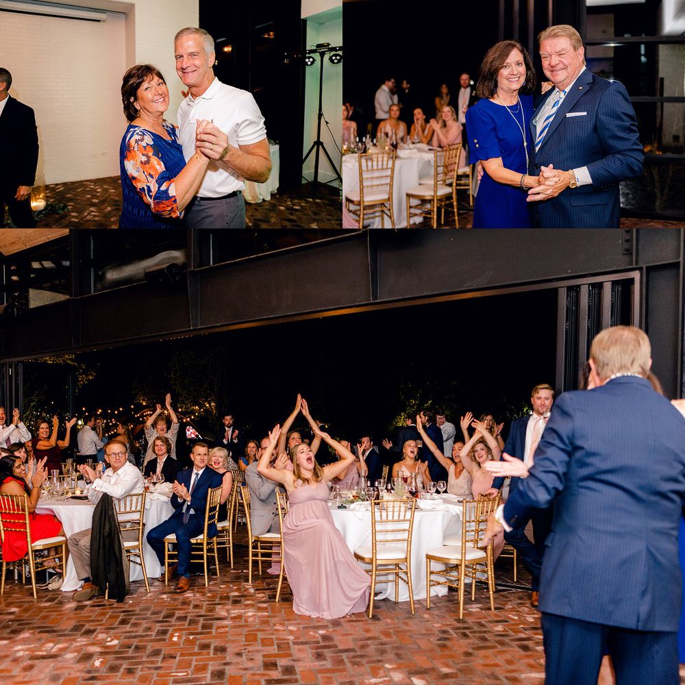 Multi-photo collage shows reception dancing and celebration moments.