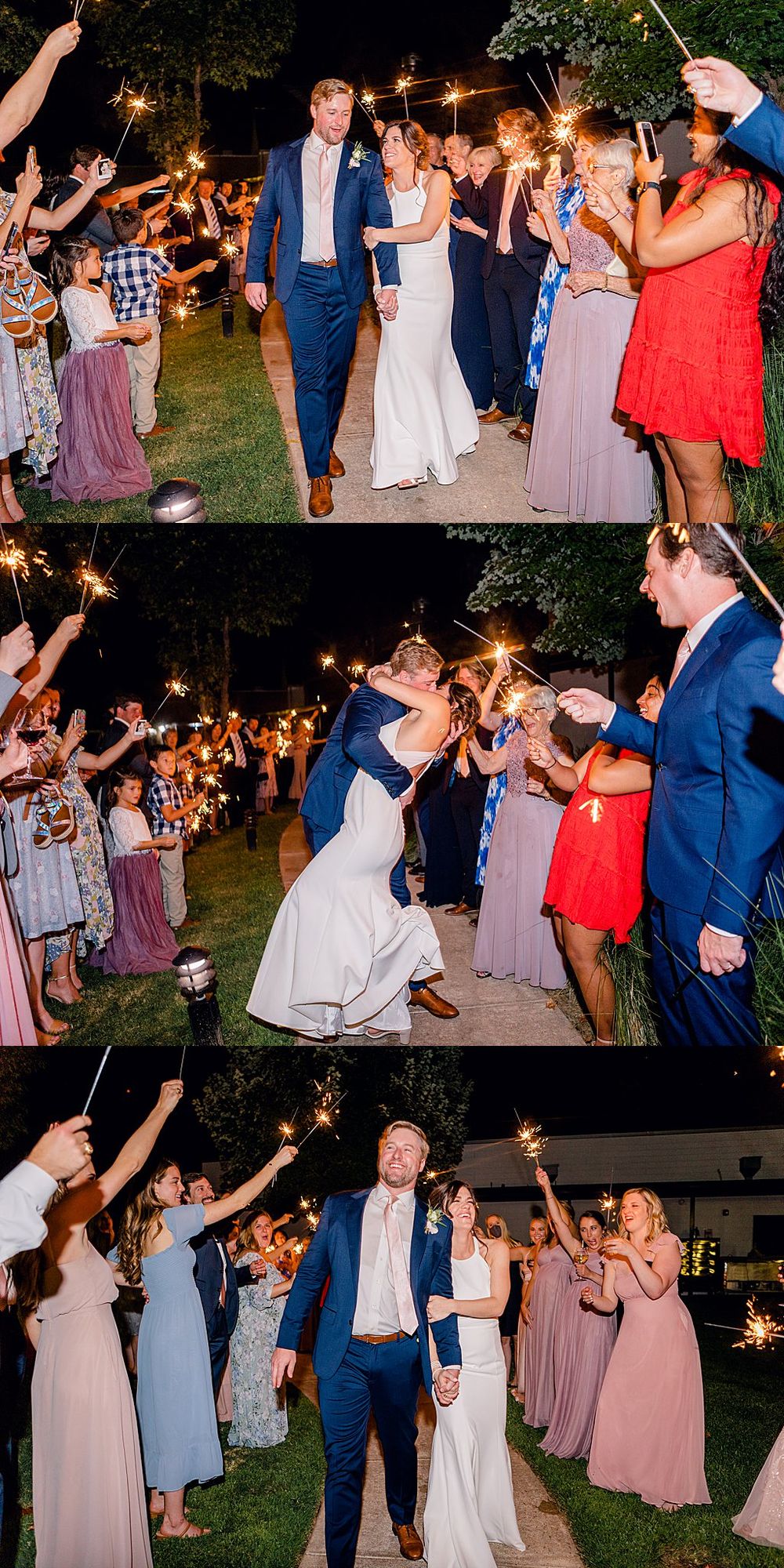 Wedding sparkler exit sequence shows couple's grand departure amid celebrating guests.
