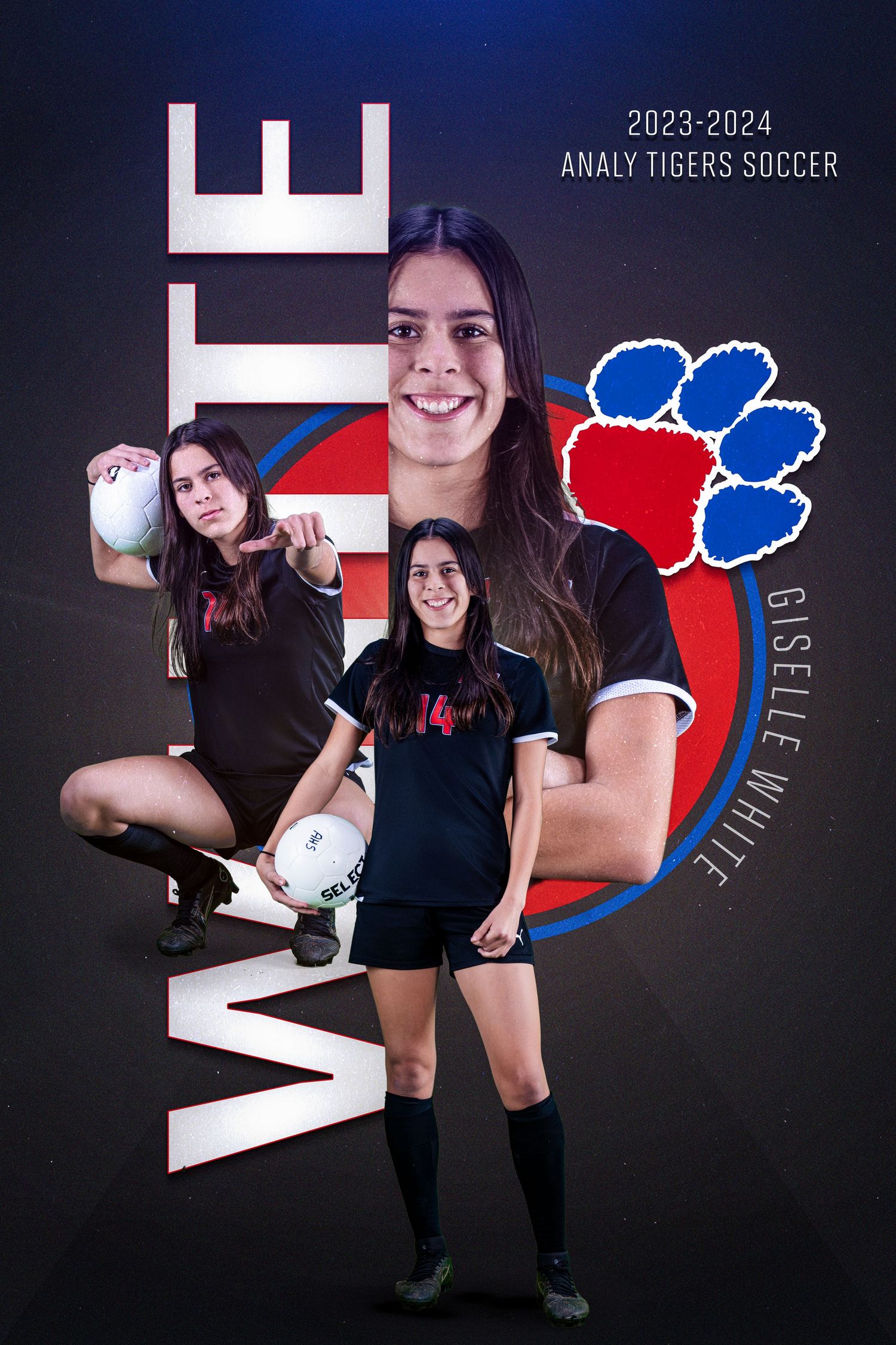 Soccer themed sports composite featuring team logo and athletic poses against dark background.
