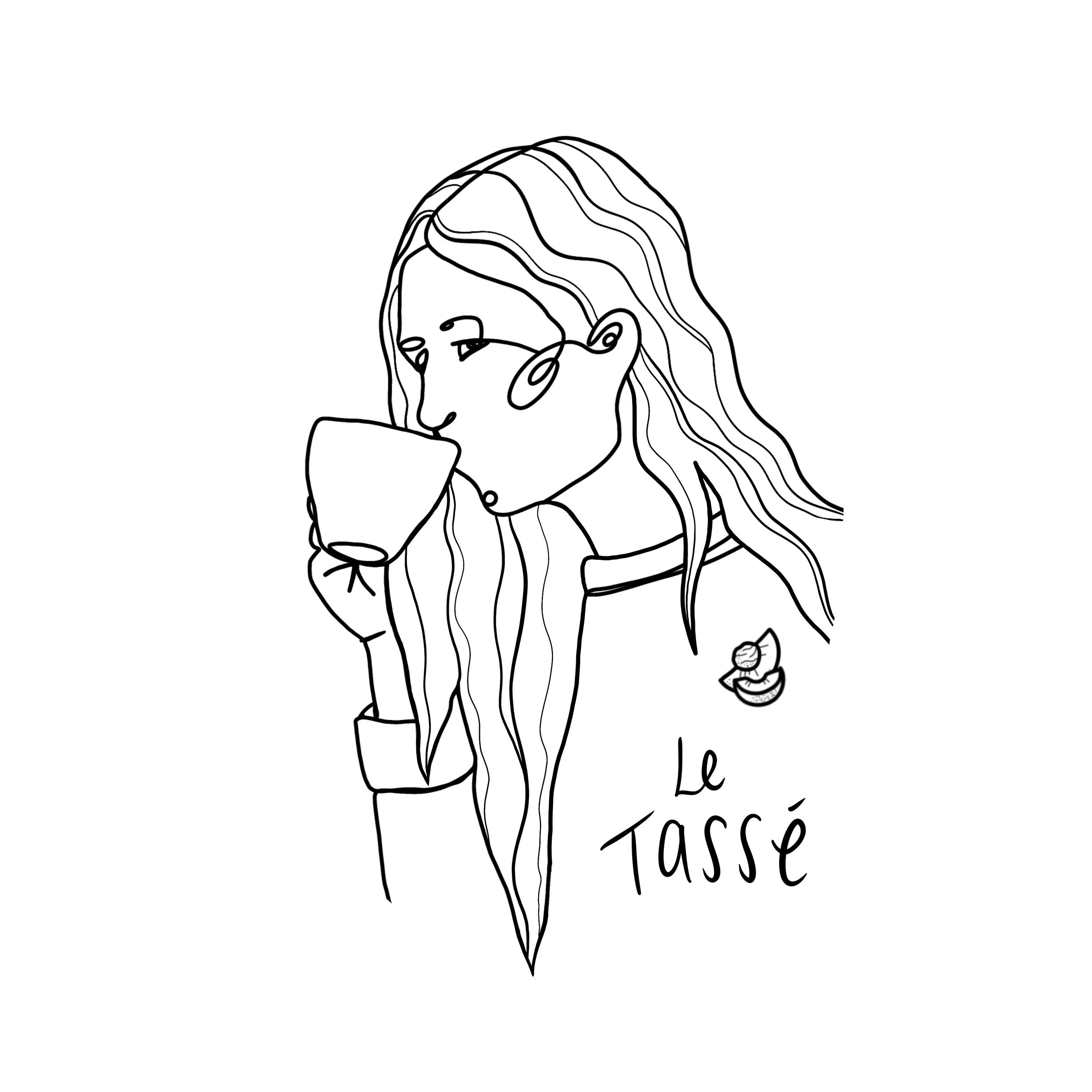 Minimalist line drawing of a woman drinking from a cup with 'Le Tasse' handwritten text.