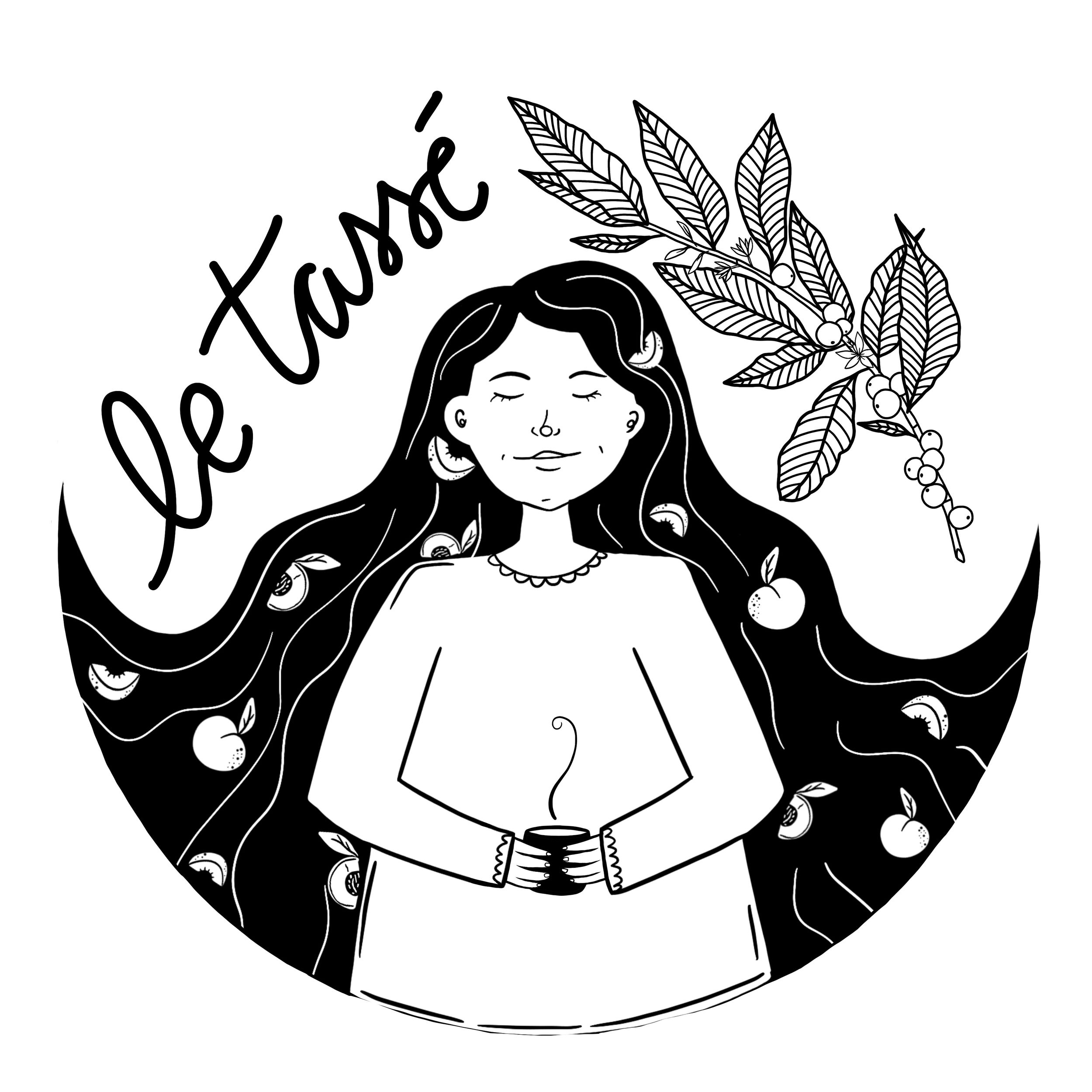 Black and white circular illustration of a woman with long hair and 'Le Tasse' script lettering.