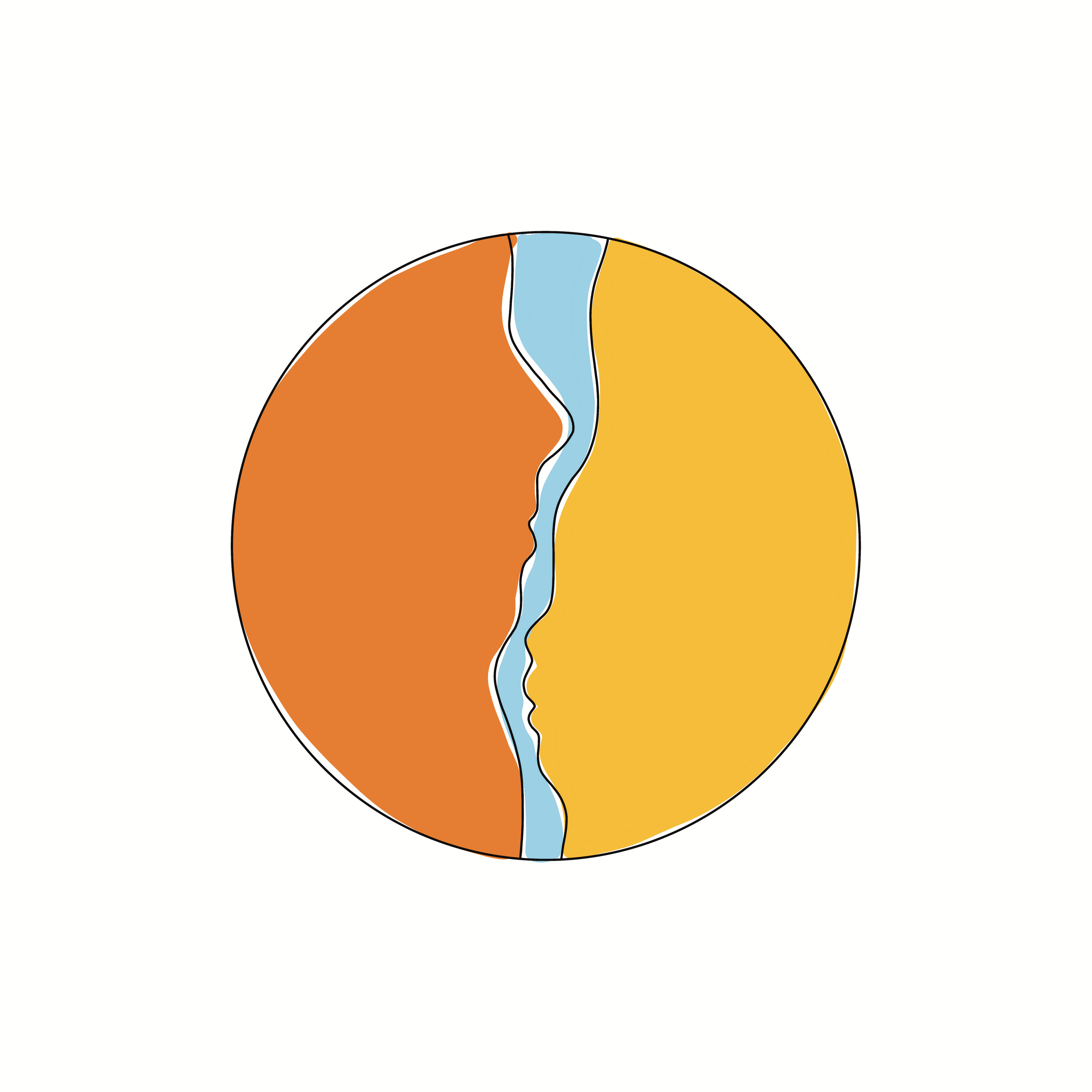 Circular logo design with two abstract face profiles in orange and yellow separated by a light blue line.