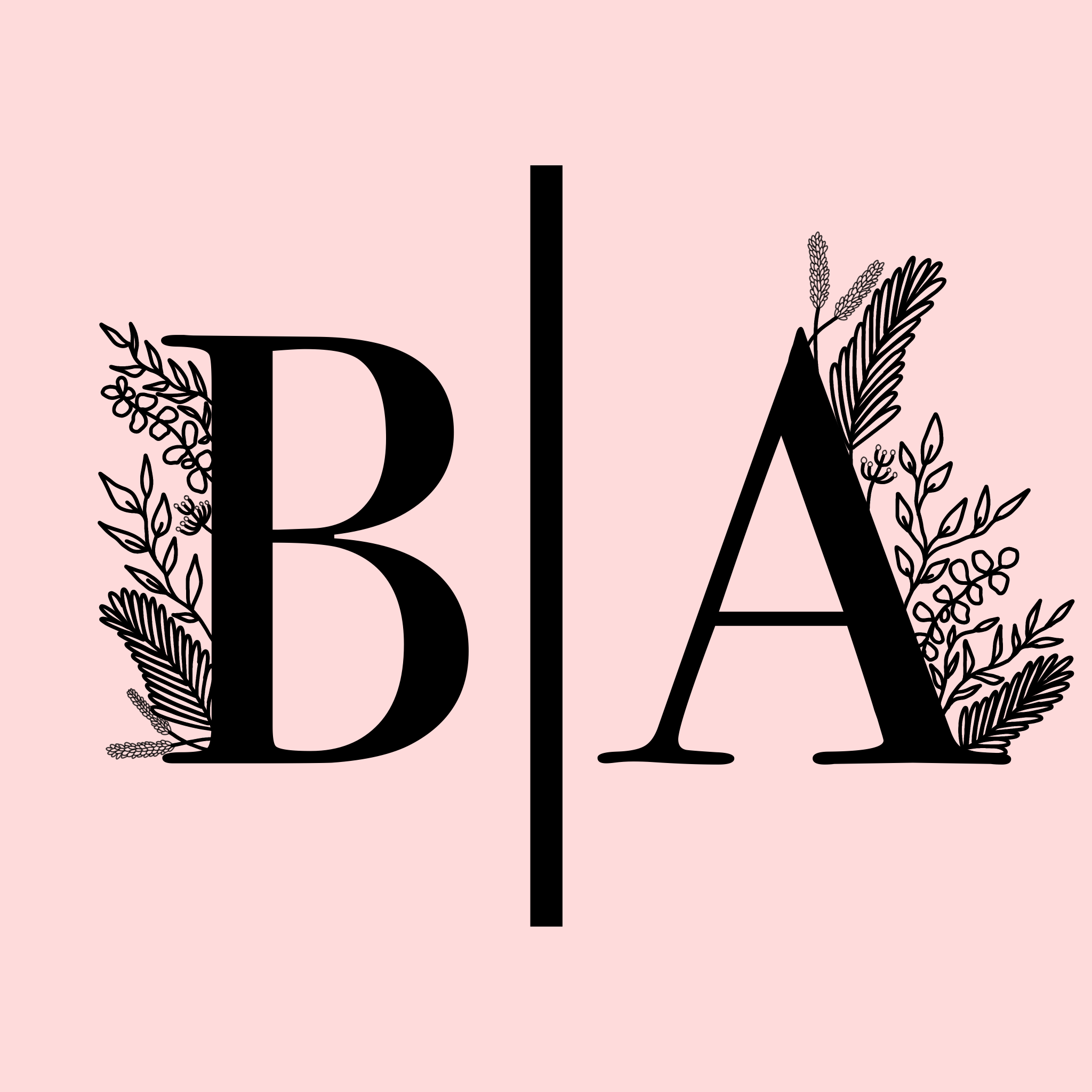 Minimalist logo design featuring decorative letters B and A with floral botanical elements on pink background.