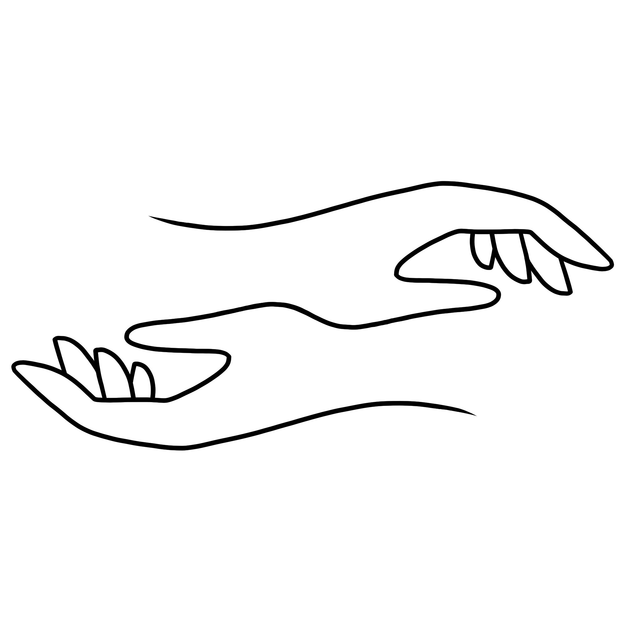 Minimalist one-line drawing of two open hands facing each other in a gentle, giving gesture.