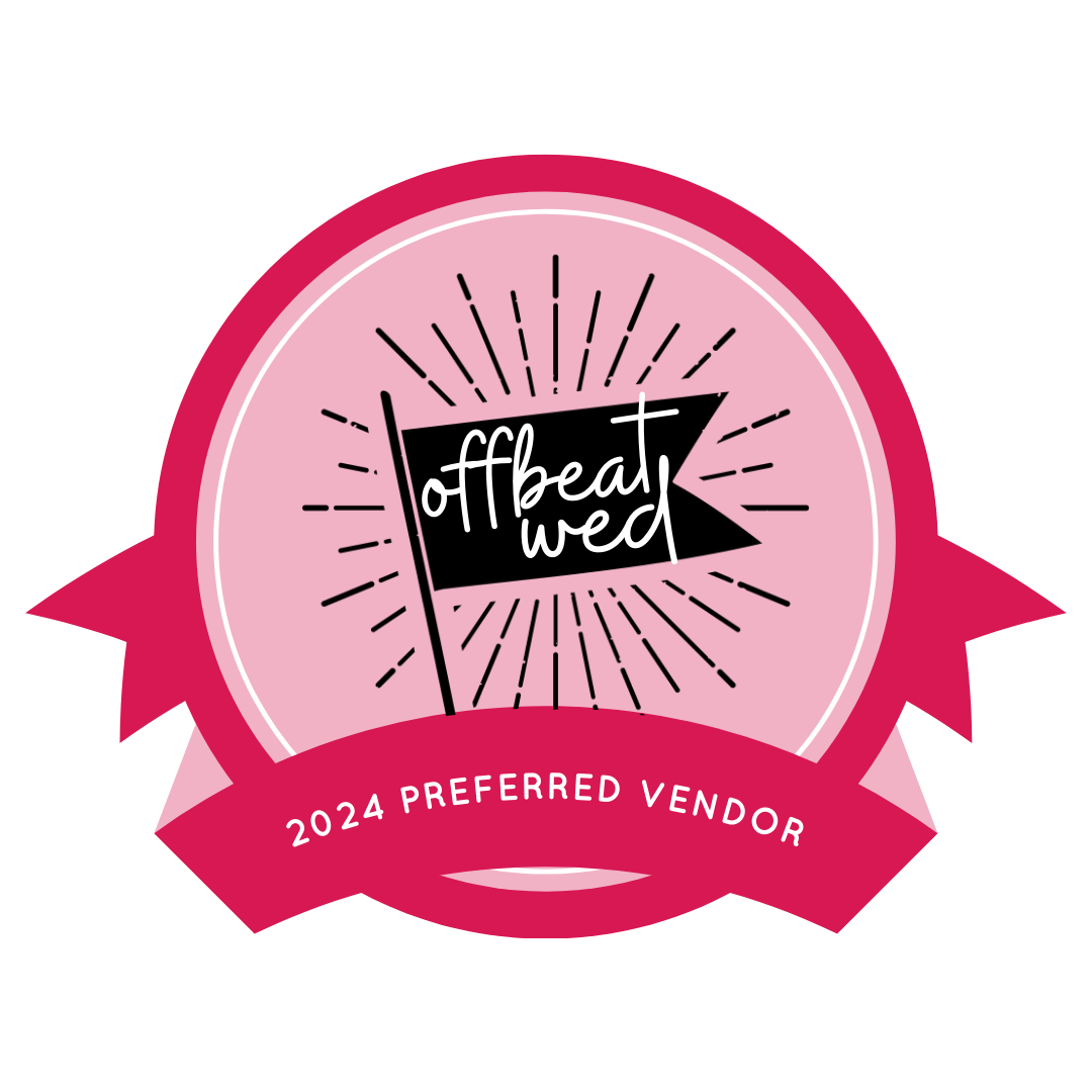 Pink badge identifying Adrienne Catanese as Offbeat Wed Preferred Vendor for 2024.