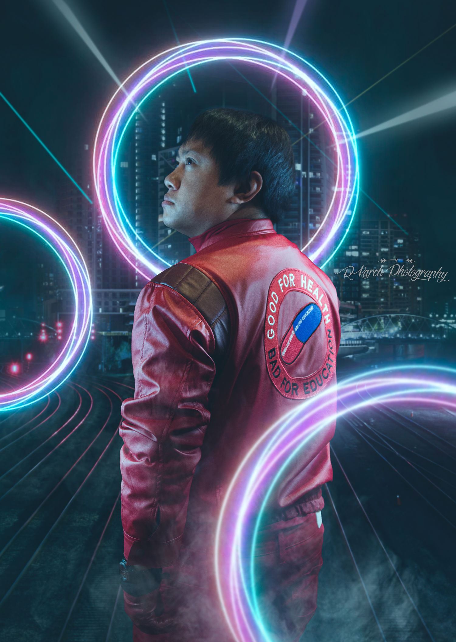 Cyberpunk-styled portrait with neon circles and a person wearing a red bomber jacket.
