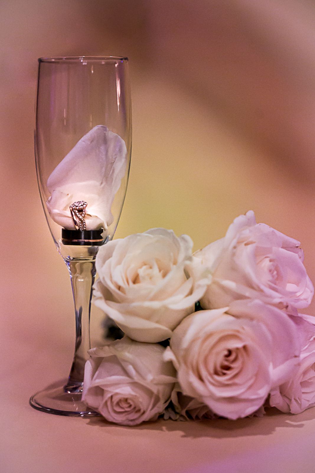 Elegant still life of pink and white roses with champagne glasses in soft lighting.