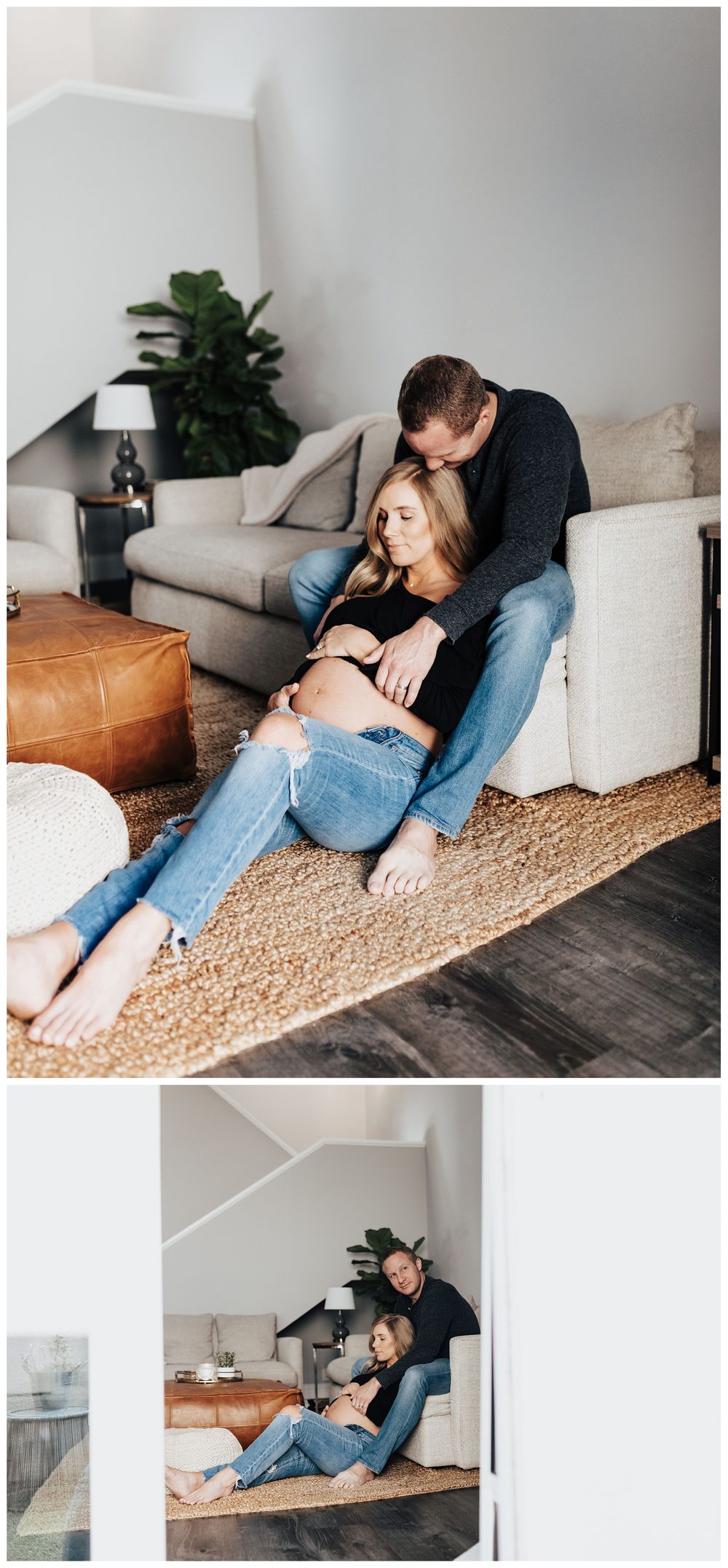 in-home maternity session, lifestyle maternity session, parents snuggling