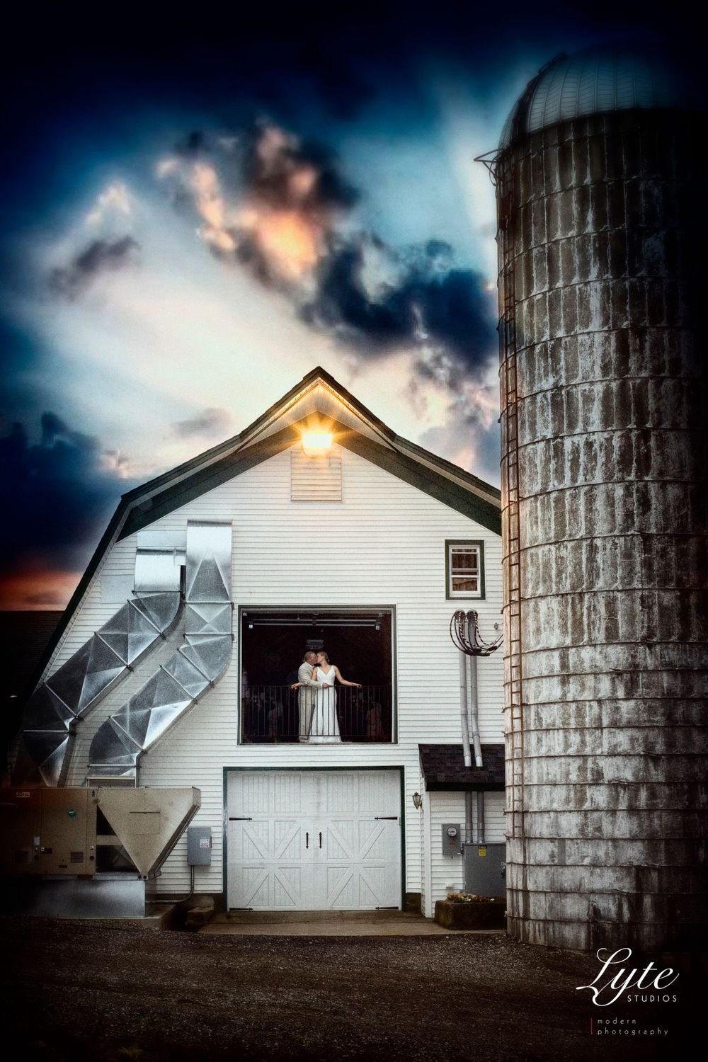 a bride sitting by a silo in the evening, in the style of dan witz, matt molloy, photorealistic art, winslow homer