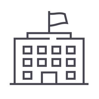 Simple line drawing icon of a school building with a flag on top.