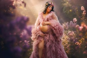 Artistic maternity photography in pink tulle dress amidst blooming garden.