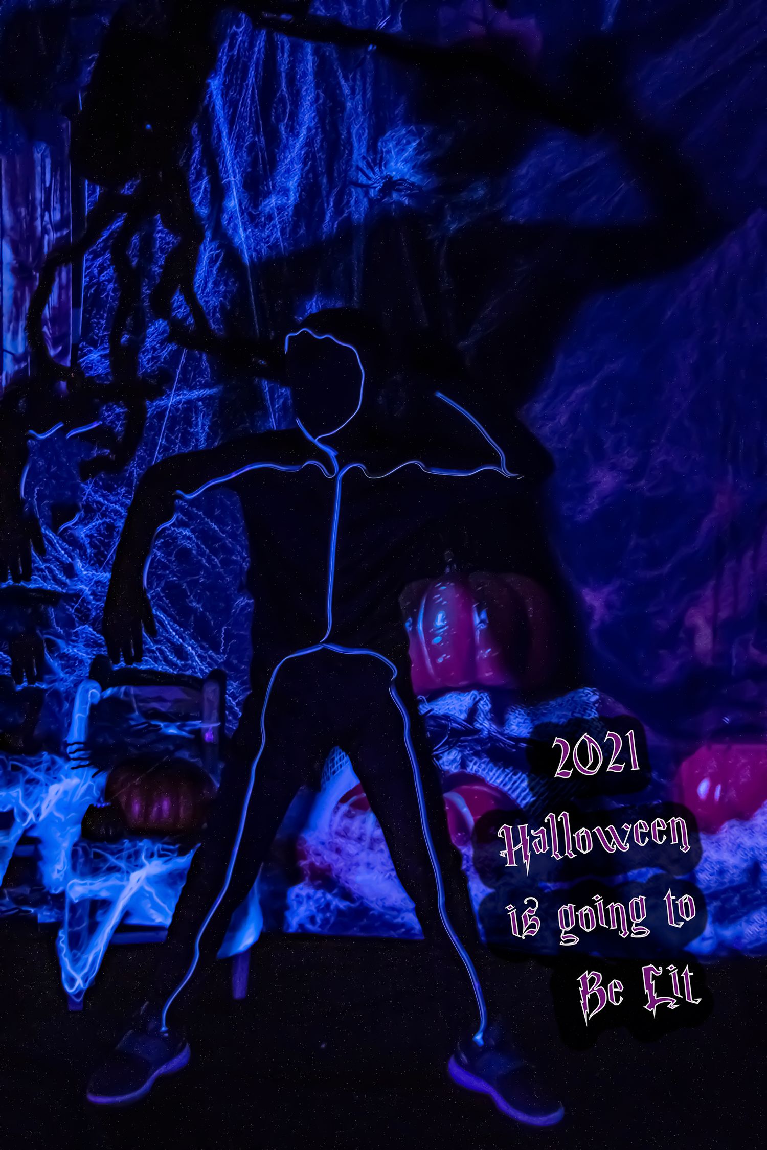 Spooky Halloween scene with neon blue lighting and glowing figure silhouette against dark cave backdrop.