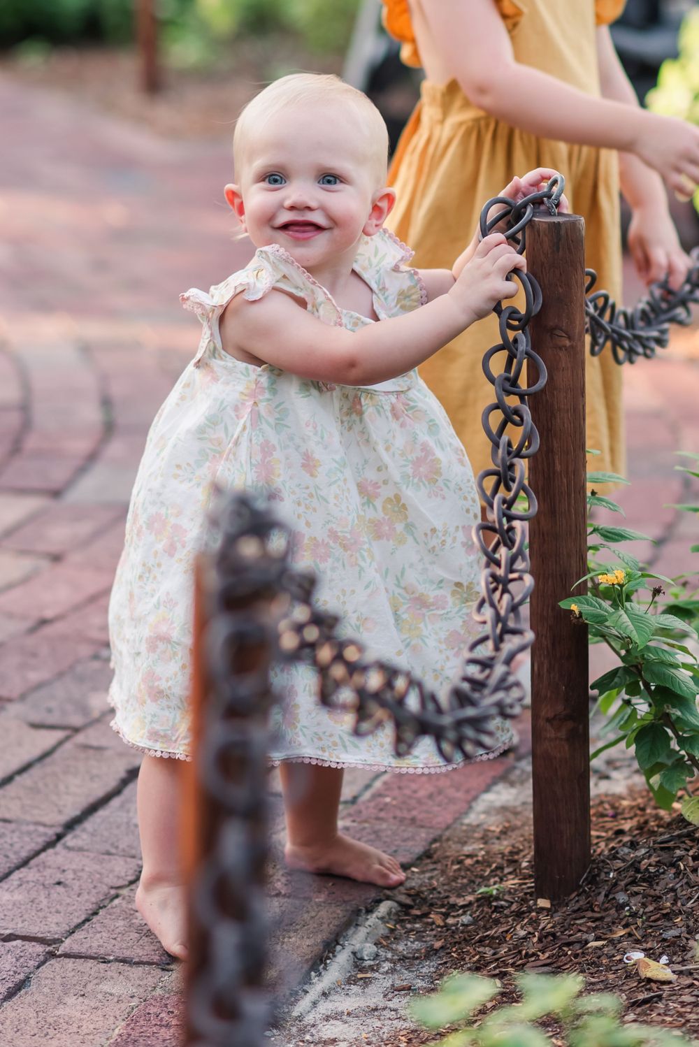one year old baby girl standing in the butterfly emporium at Bonnet Springs Park in Lakeland, Florida