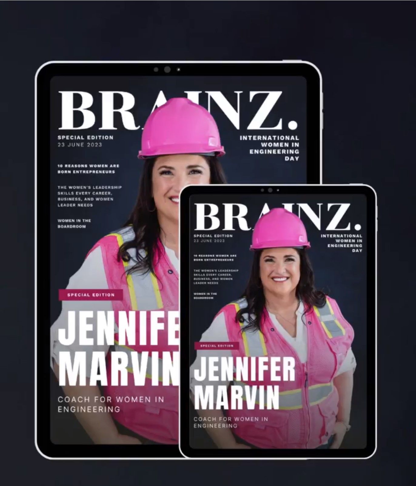 Branding image of female engineering coach in pink hard hat and vest from best review testimonial