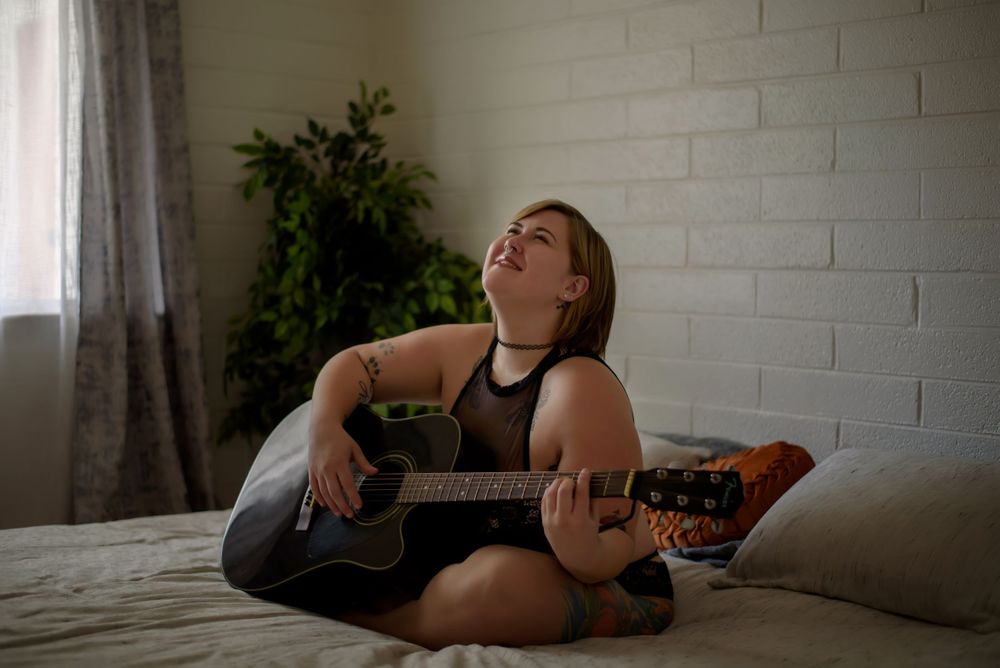 Boho musician on linen session.