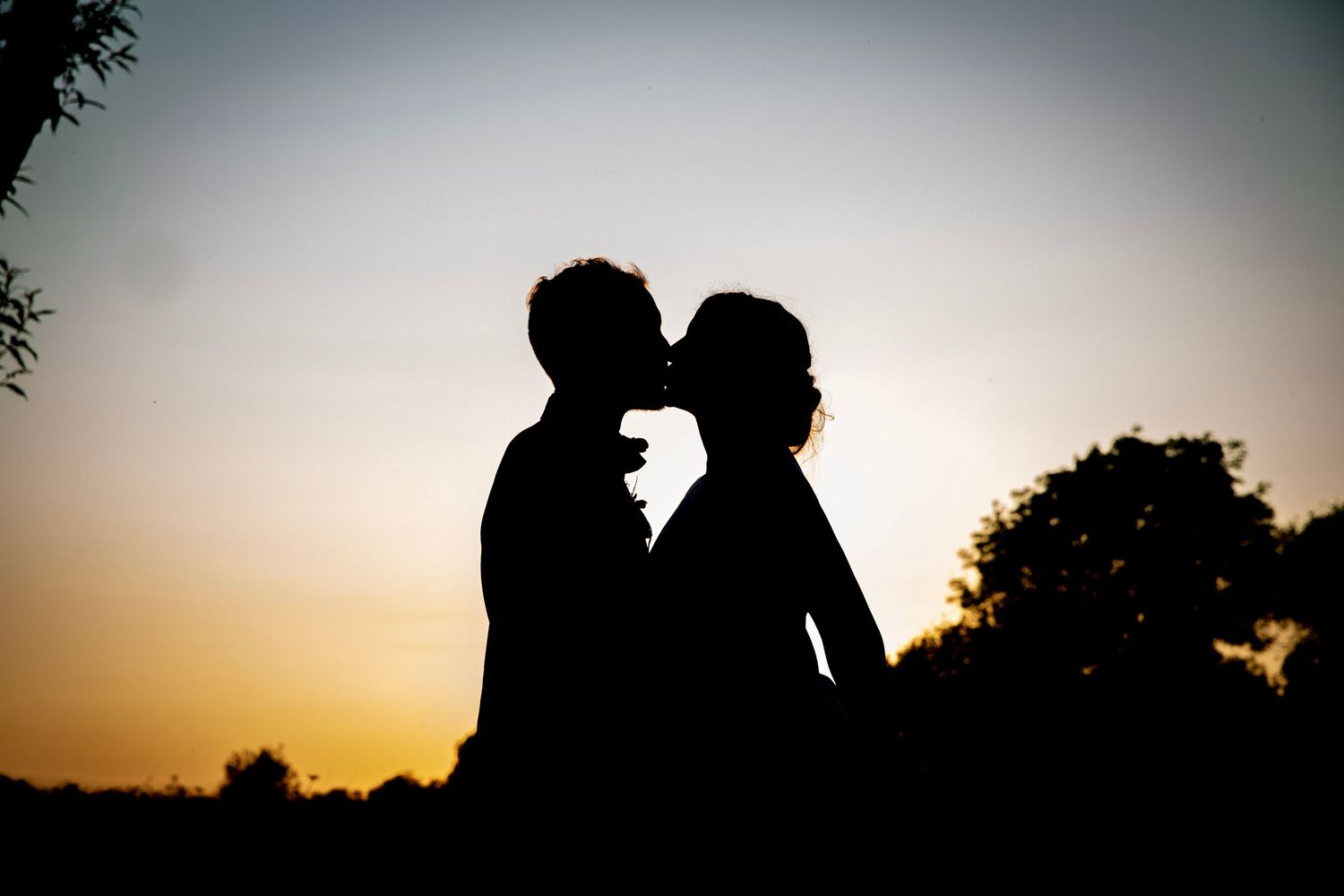 Silhouetted figures create romantic sunset portraits against evening sky.