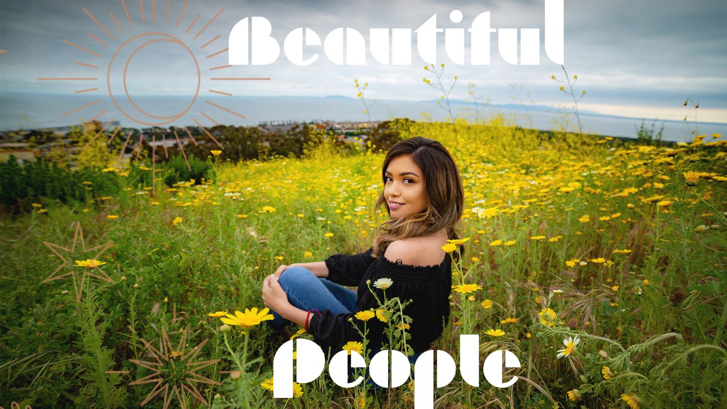 'Beautiful People' text overlaid on image of meadow with wildflowers and rolling hills.