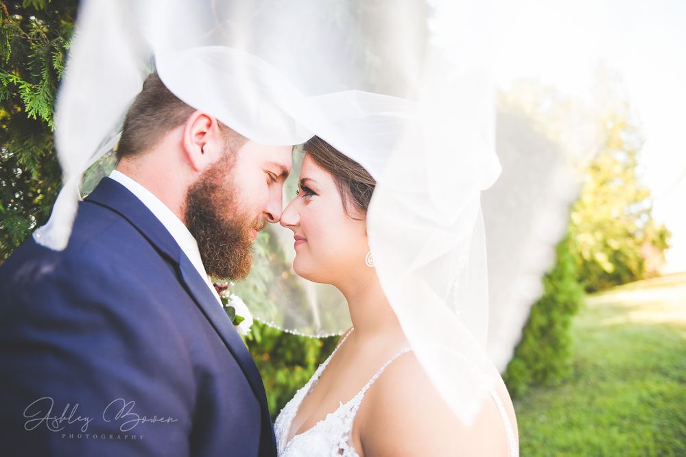 Bride and groom sharing intimate moment under flowing white veil in golden outdoor light.