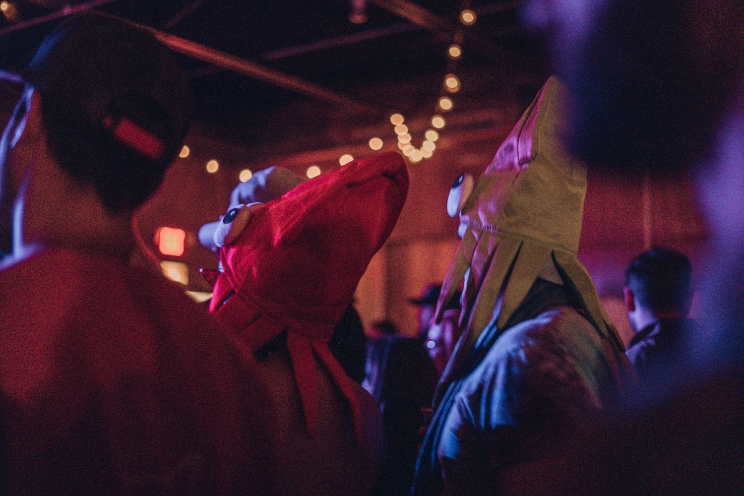 Two audience members wearing hats shaped like squids