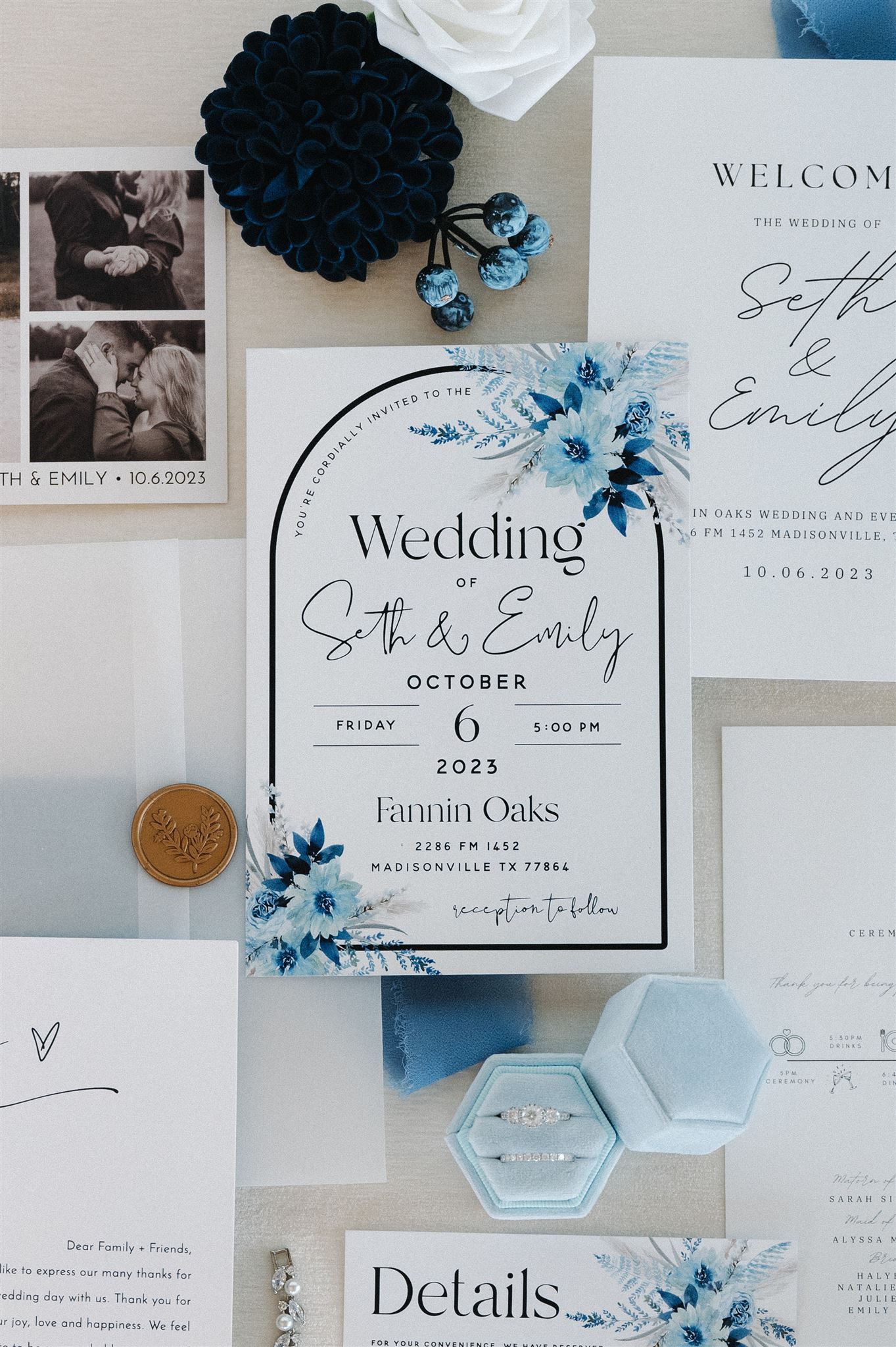 blue and white flat lay of wedding details at Fannin Oaks in Madisonville, Tx