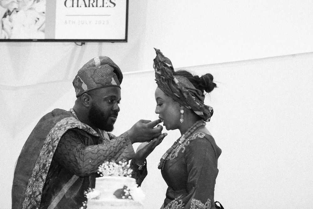 Black and white vintage photographs showing a couple's romantic moments during their wedding day.