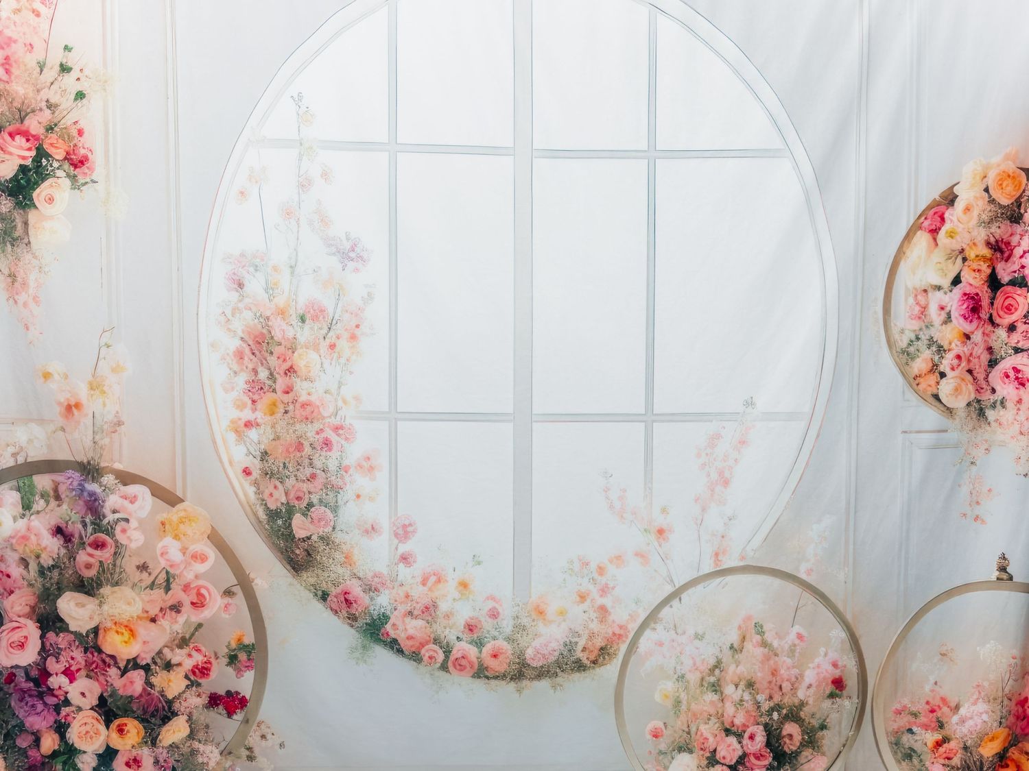 Modern white interior with circular window frames adorned with delicate pink and peach floral arrangements.
