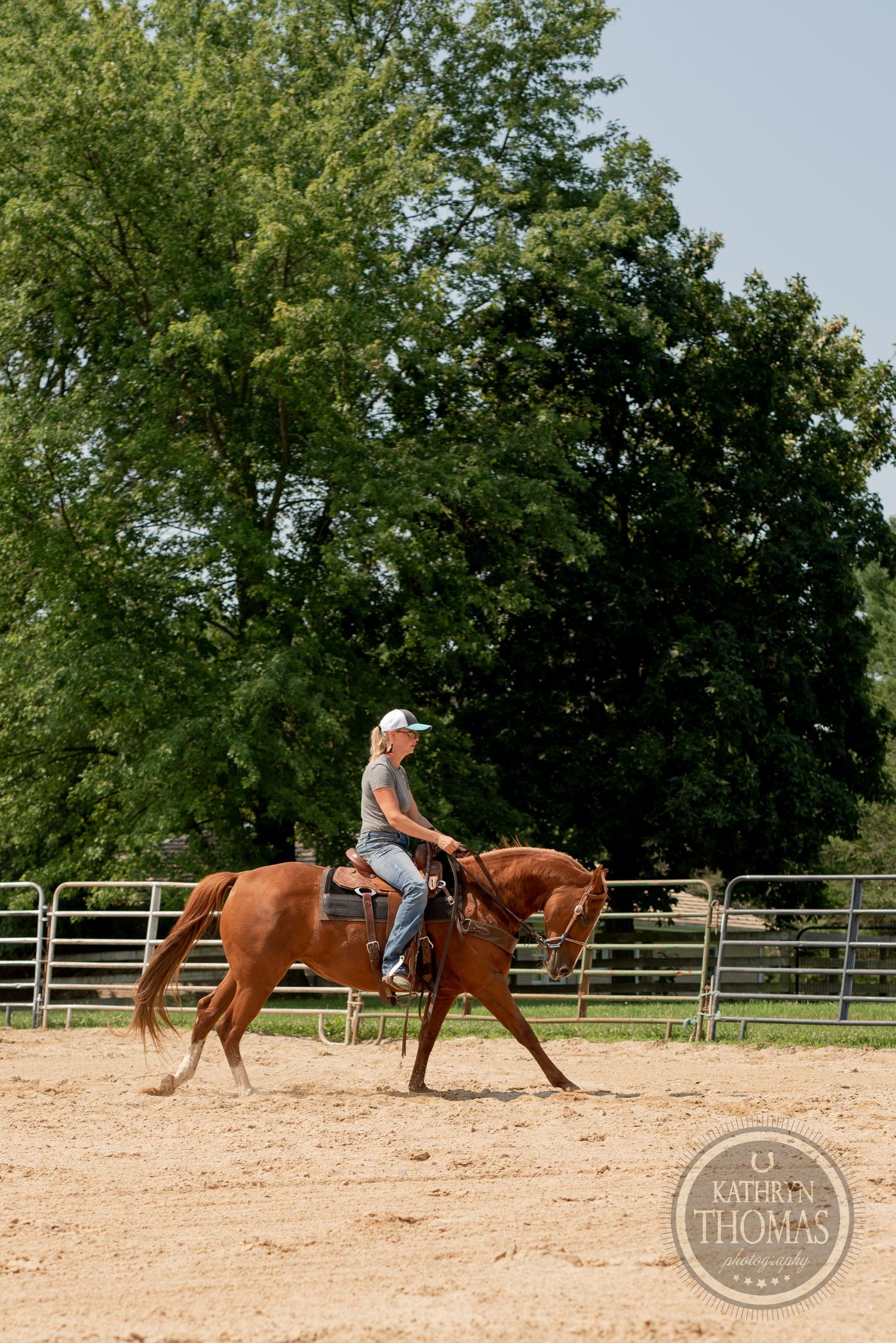 Horse and rider practicing equestrian techniques in a fenced arena surrounded by green trees.