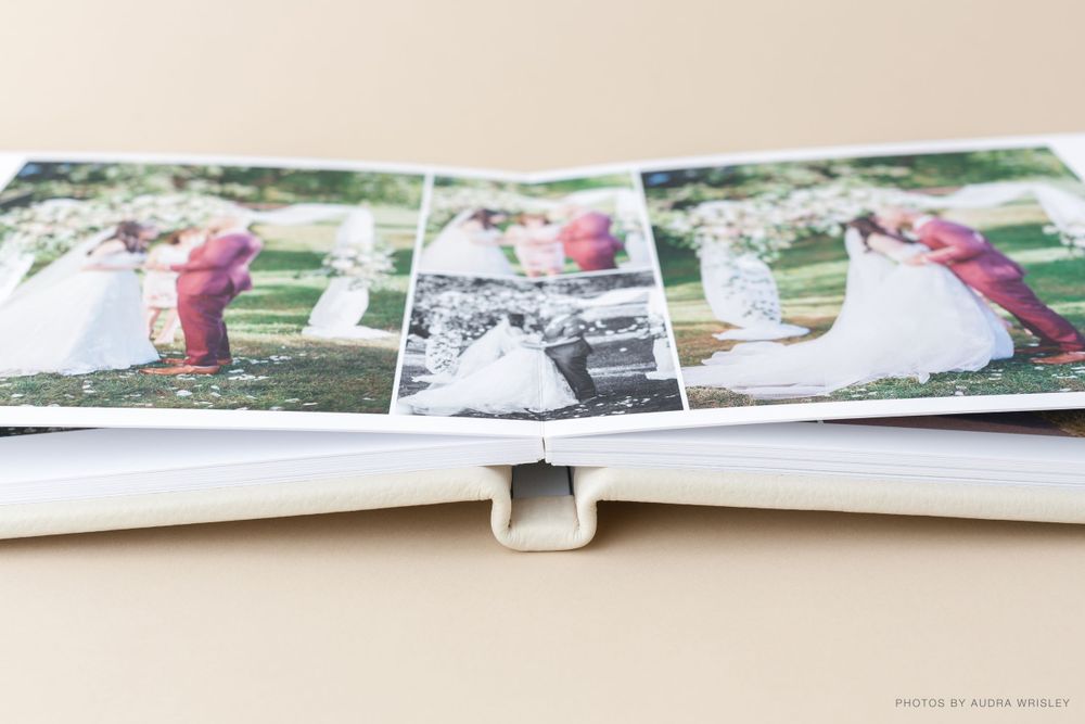 Wedding album pages showing professional photographs in color and black and white.