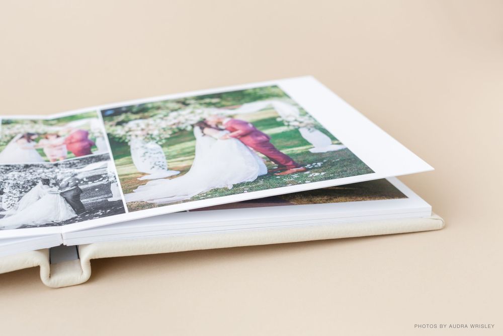 Wedding album spread featuring romantic outdoor photography collection.