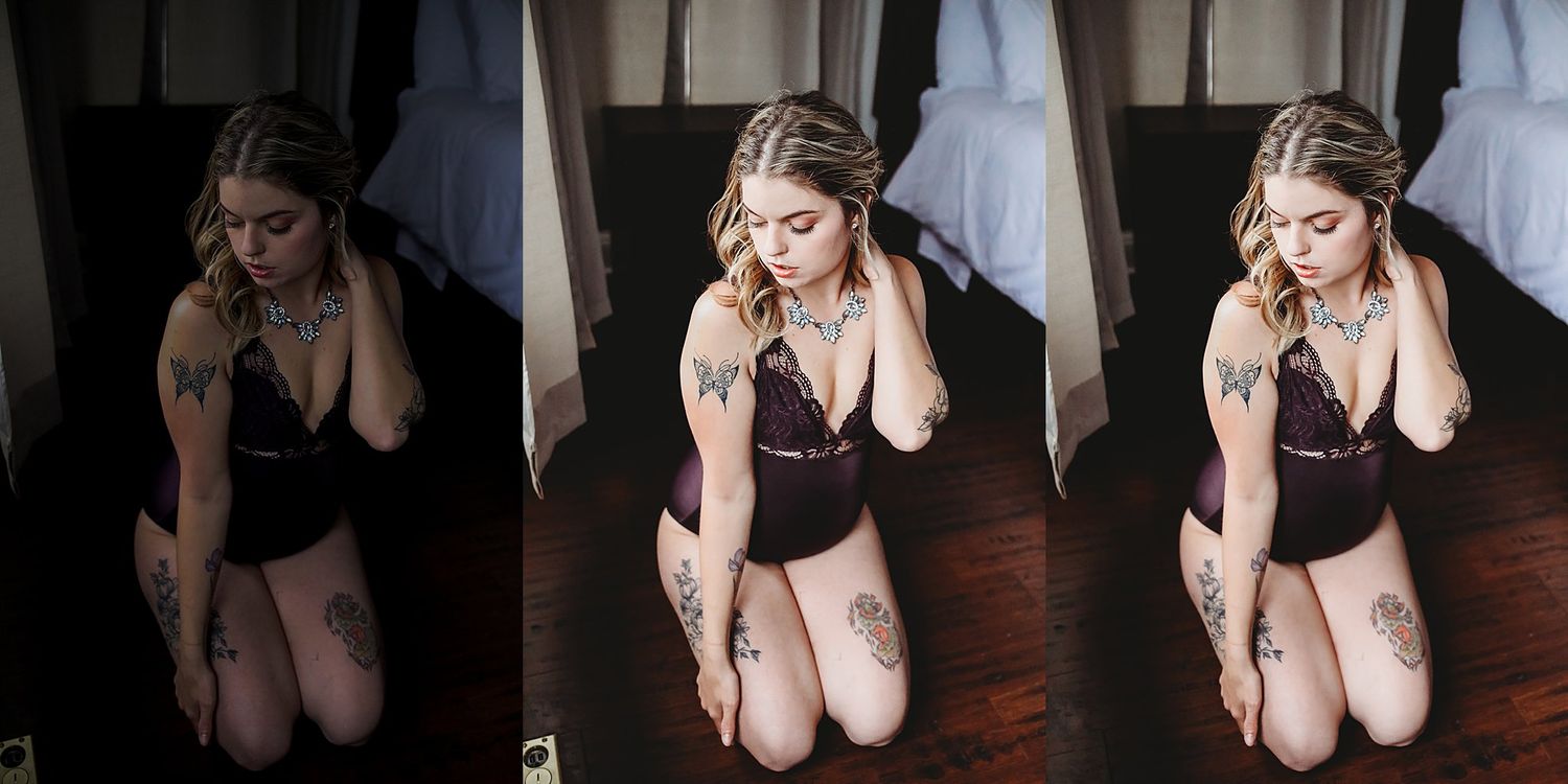 A sensual boudoir photoshoot featuring intimate poses on a dark background.