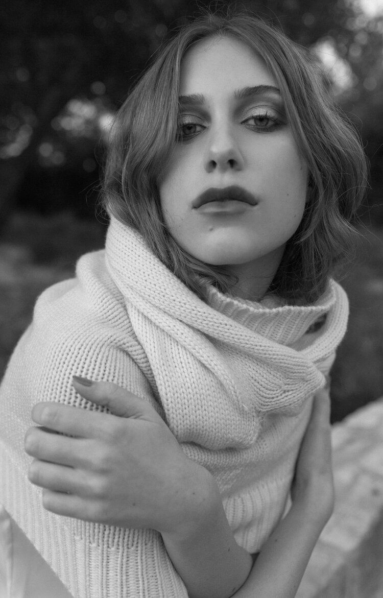 Editorial model wearing turtleneck sweater in black and white photo, Atlanta editorial portrait and fashion photographer
