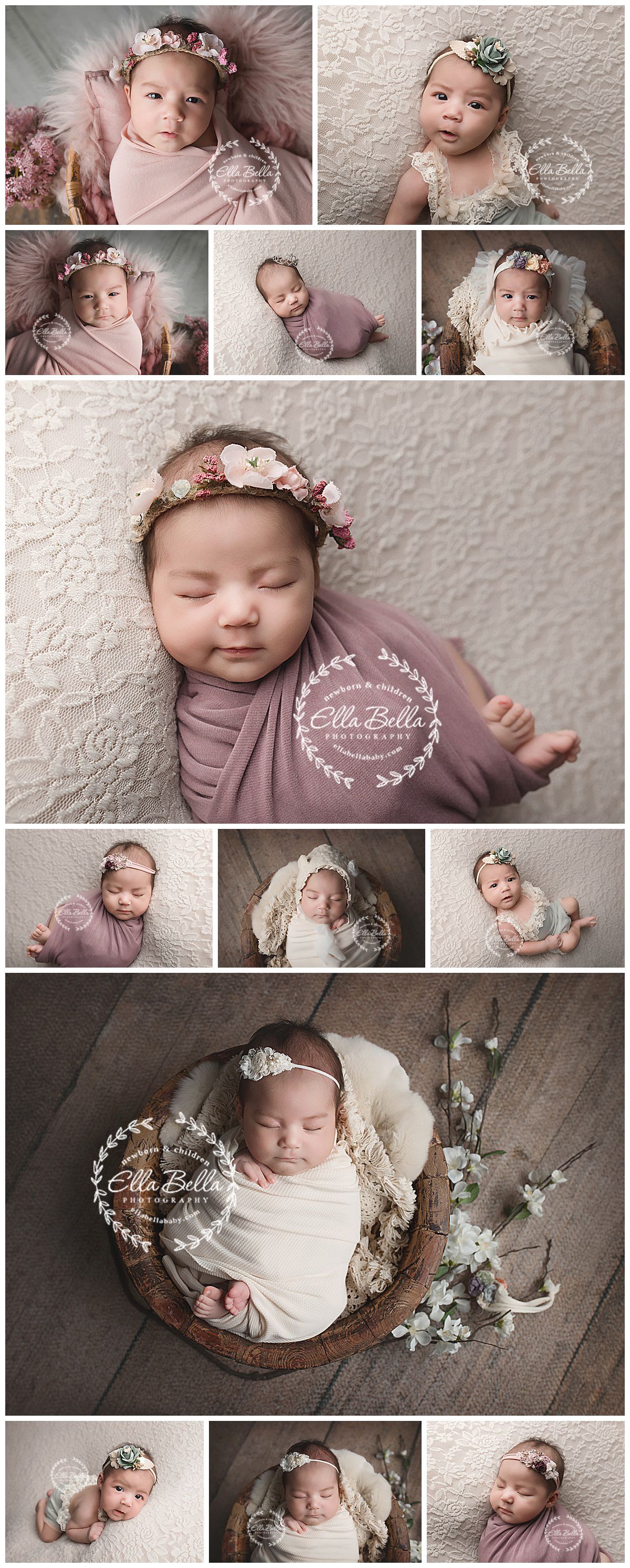 Collection of newborn portraits featuring floral headpieces, soft wraps, and vintage-inspired setups.