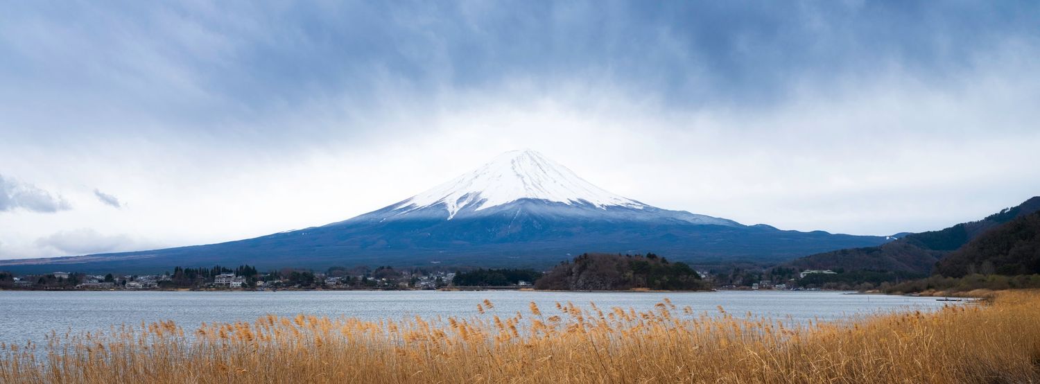 Wide panoramic landscape of mountains and lake with tall grass in the foreground.
